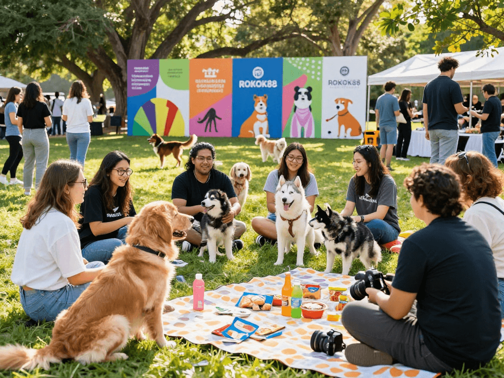 ROKOK88 slot rtp community event with pet lovers enjoying their pets while sharing care tips and stories.