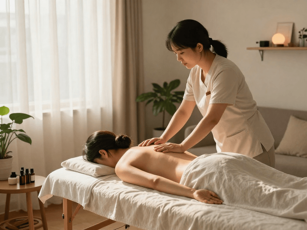 Relaxing 하남출장마사지 session in a cozy living room with professional therapist
