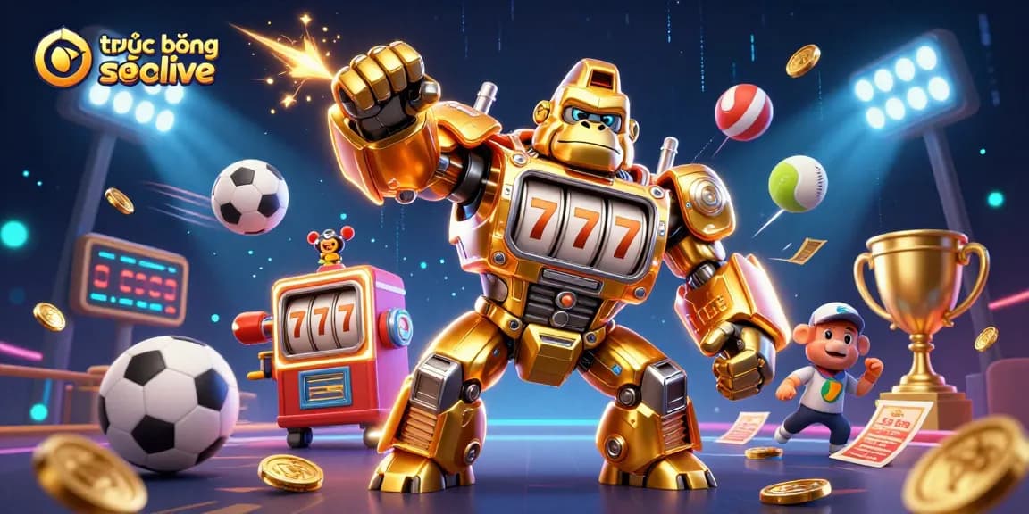 Experience thrilling trực tiếp bóng đá socolive action with a dynamic illustration featuring vibrant sports elements and a golden gorilla mech.