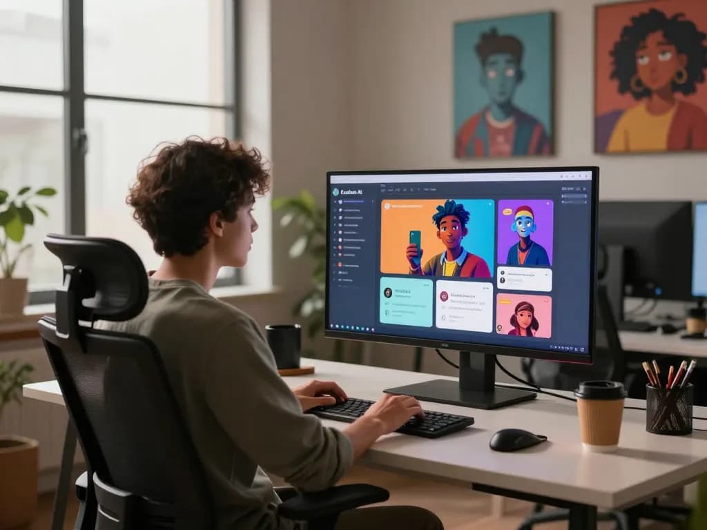 Engaging workspace scene of a user interacting with Crush on AI's character chat interface, showcasing vibrant AI-generated characters.