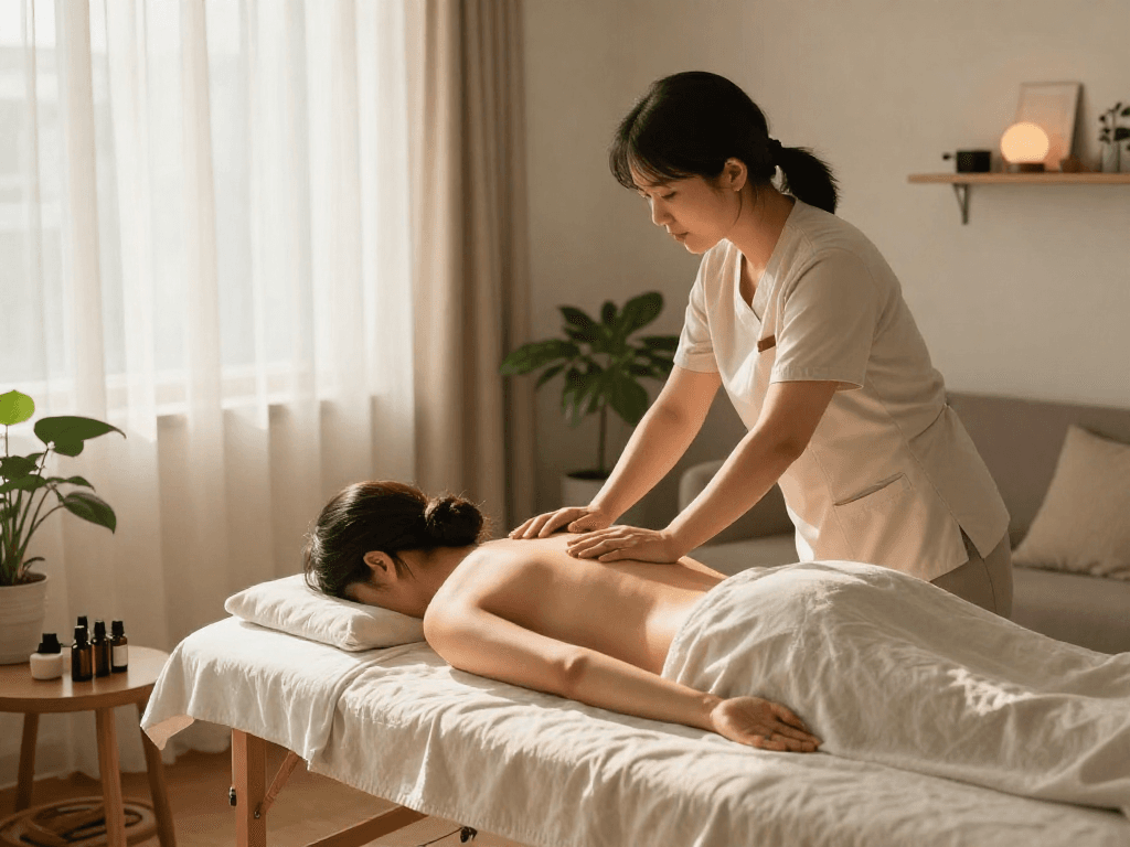 Relaxing 하남출장마사지 session in a cozy living room with professional therapist