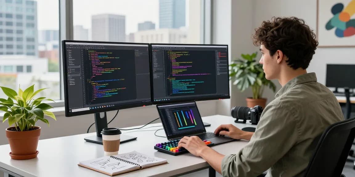 Developer coding at a modern desk showcasing WPS Official Website features and productivity tools.