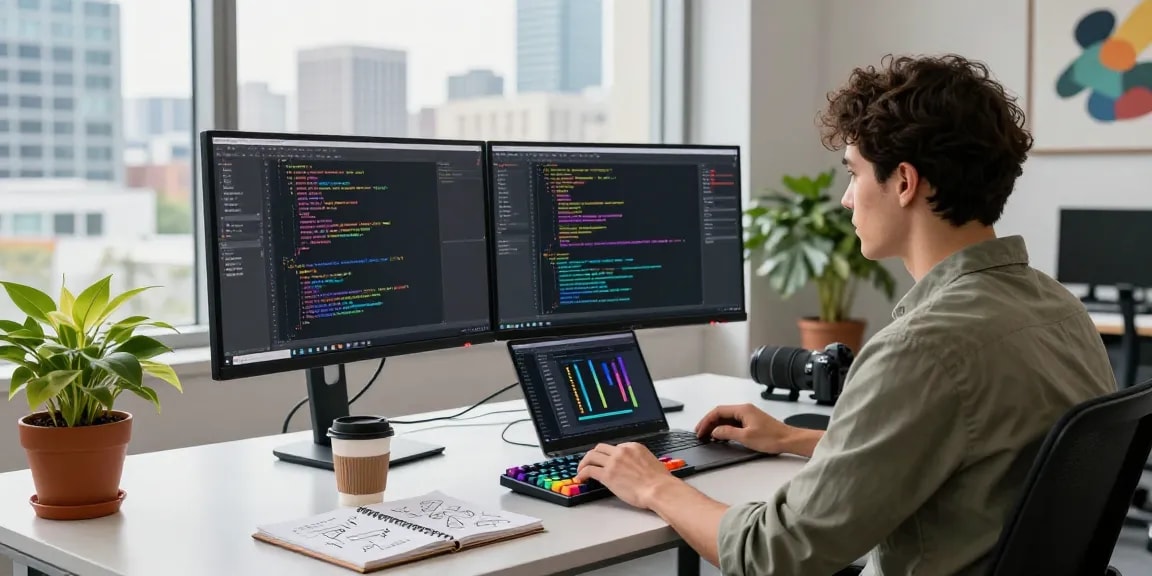 Developer coding at a modern desk showcasing WPS Official Website features and productivity tools.