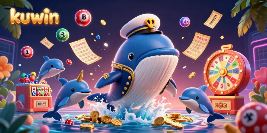 Kuwin whale captain breaching coins with dolphins and vibrant lottery elements in a casino-themed scene.