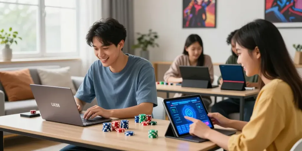 Players enjoying the UK88 gaming experience on different devices in a vibrant living room setting