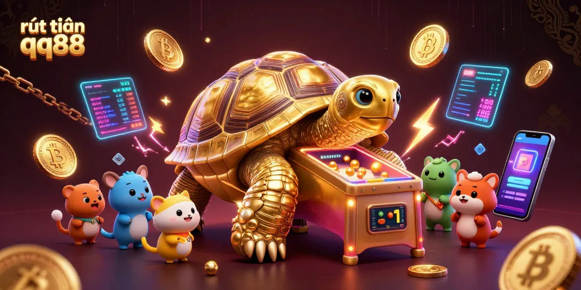 Experience the excitement of rút tiền qq88 with this vibrant 3D casino illustration featuring a golden tortoise and cryptocurrency elements.