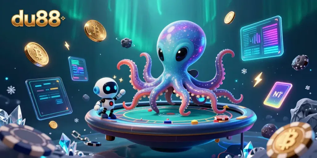 Experience thrilling gaming at du88 with a playful octopus and robot in a dynamic poker scene.
