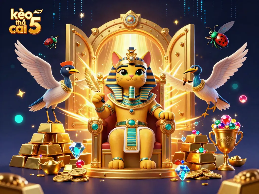 Engage with kèo nhà cái 5 while exploring treasure in a vibrant 3D casino scene with a pharaoh cat.