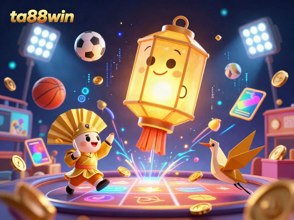 Experience the excitement of ta88win with a vibrant casino scene featuring sports elements, a glowing lantern spirit, and engaging characters.