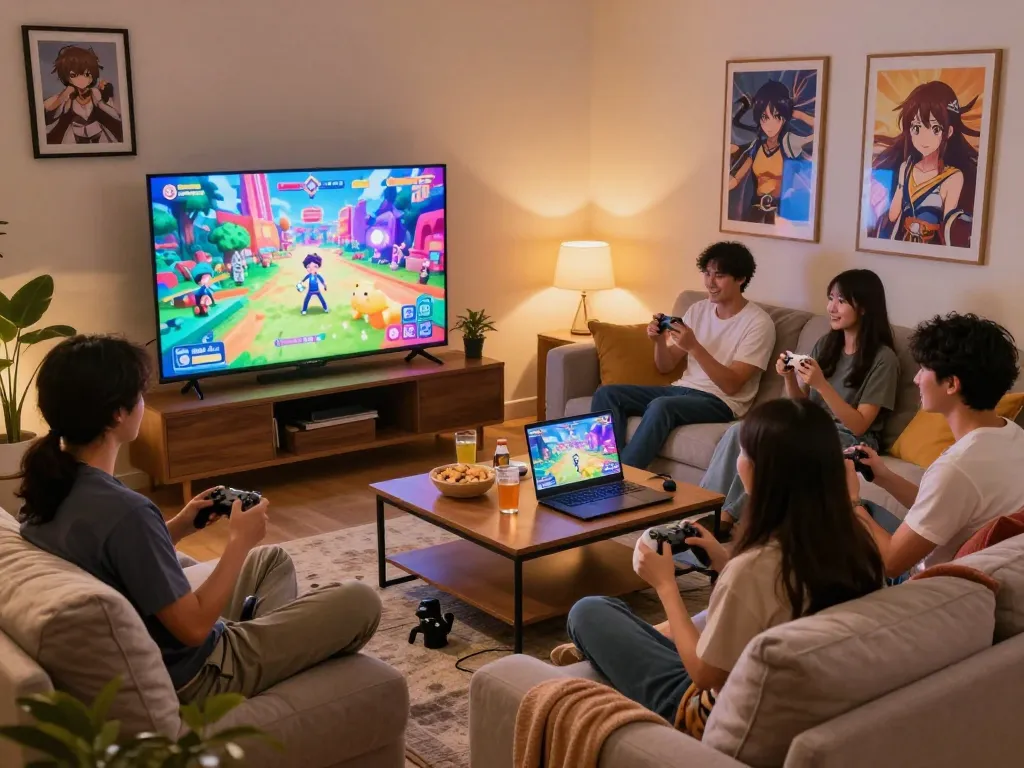 Friends enjoying game porn in a cozy living room setup with vibrant visuals.