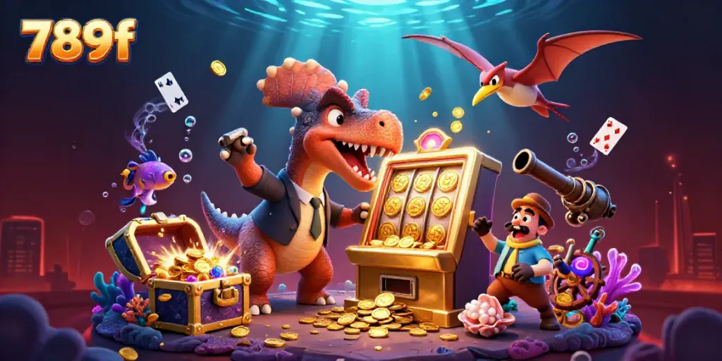 Win big with 789f as a colorful pachycephalosaurus strikes a golden slot machine!