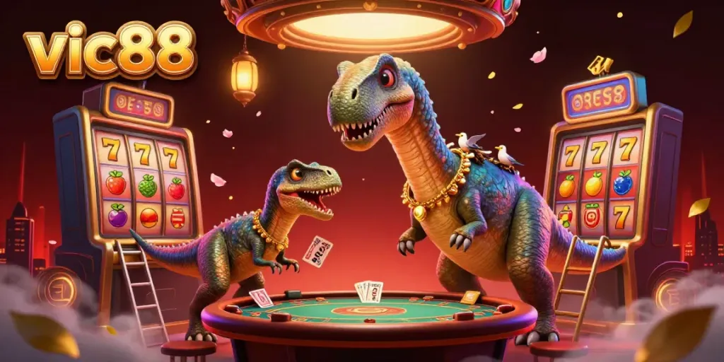Experience thrilling gaming with vic88's ultra-detailed 3D casino scene featuring vibrant characters and slot elements.