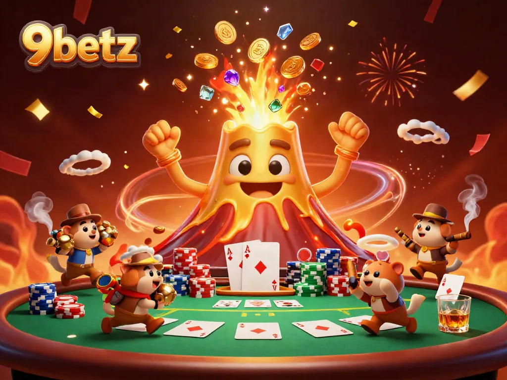 Engage with thrilling gaming action at 9betz featuring vibrant casino elements and triumphant characters.