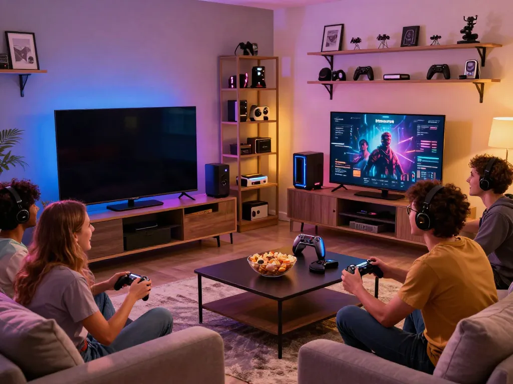 Nohuwin gaming excitement with friends in a cozy living room setting.