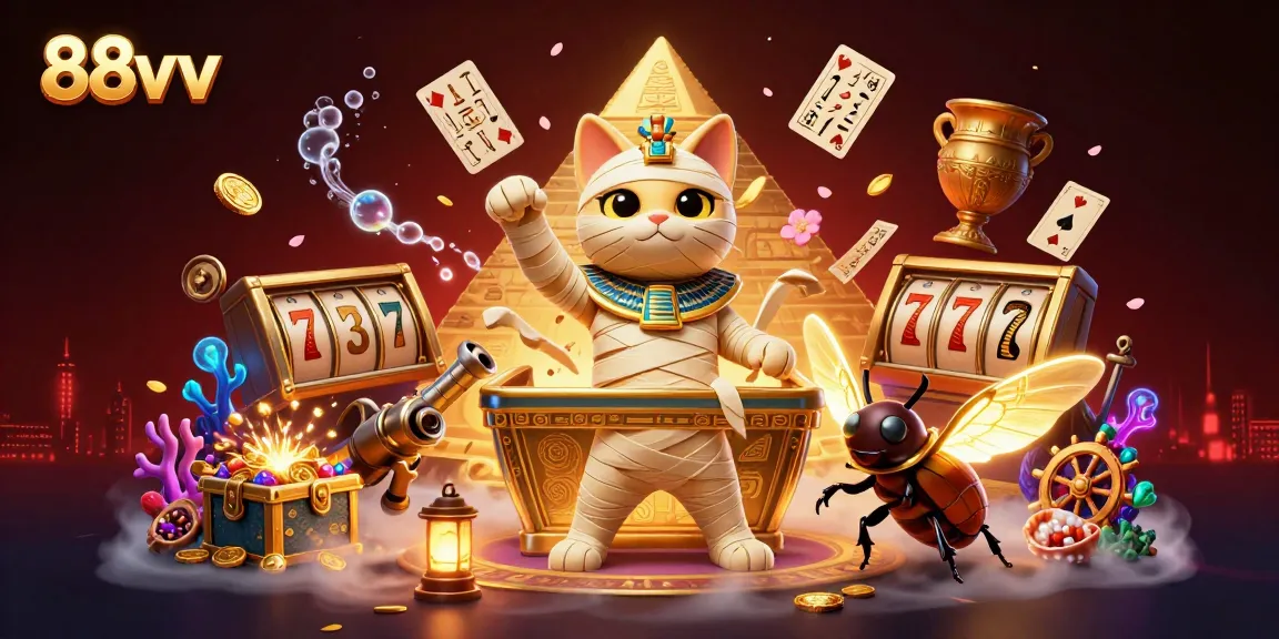 Experience the thrill of 88vv as an Egyptian mummy cat bursts from a casino sarcophagus, surrounded by lively gambling elements.