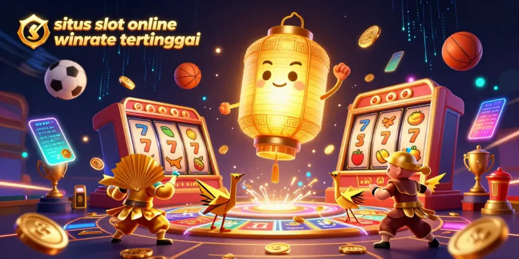 Gambaran situs slot online winrate tertinggi dengan suasana segar, elemen judi, dan karakter kartun 3D.