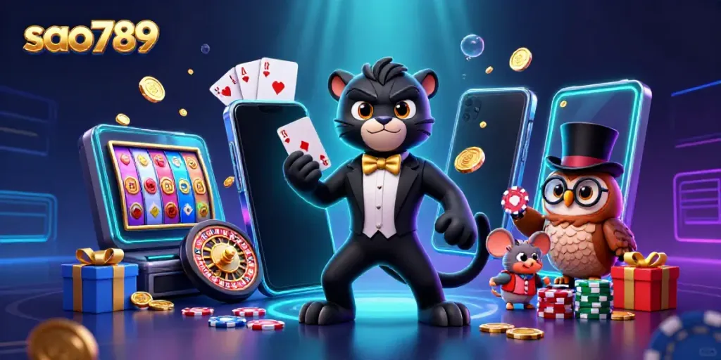 Experience the excitement of sao789 with a stylish panther dealer, owl, and lucky mouse in a vibrant casino setting.