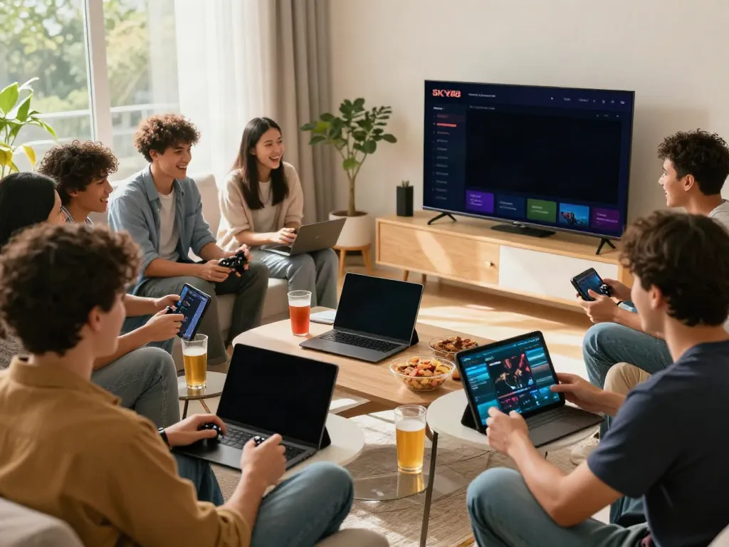 Friends enjoying interactive games on SKY88 platform in a lively living room.