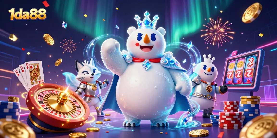 Spin the roulette with 1da88 while enjoying golden coins and a royal polar bear in a festive casino scene.