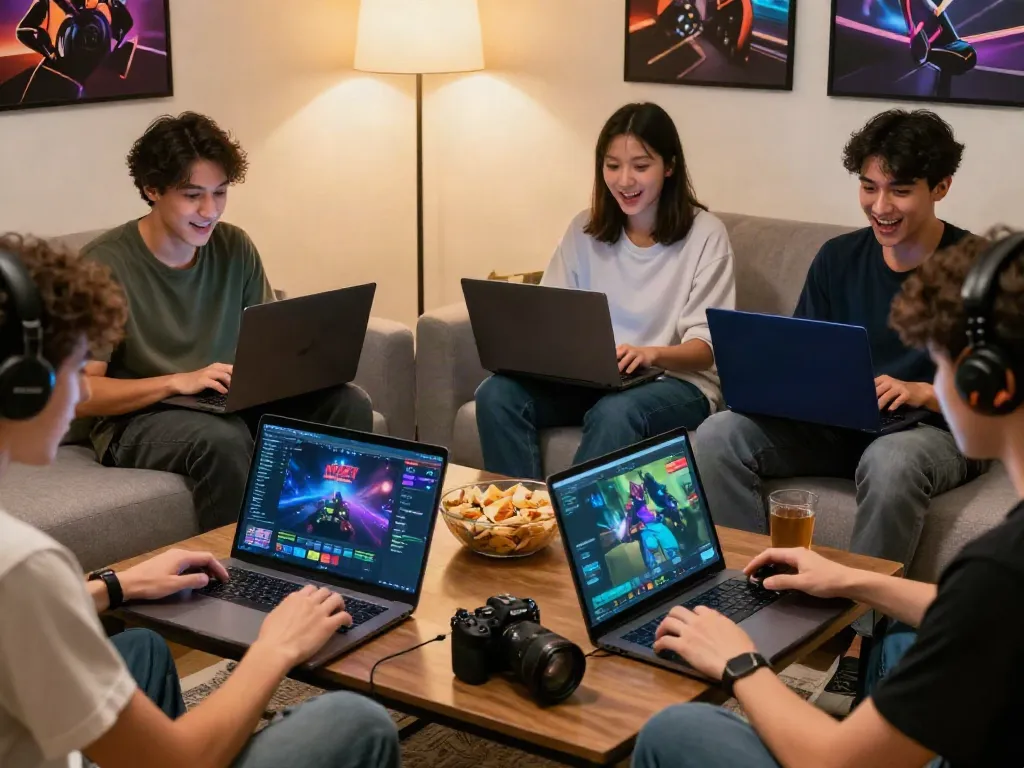 Friends enjoying NBET gaming on multiple devices in a cozy home environment.