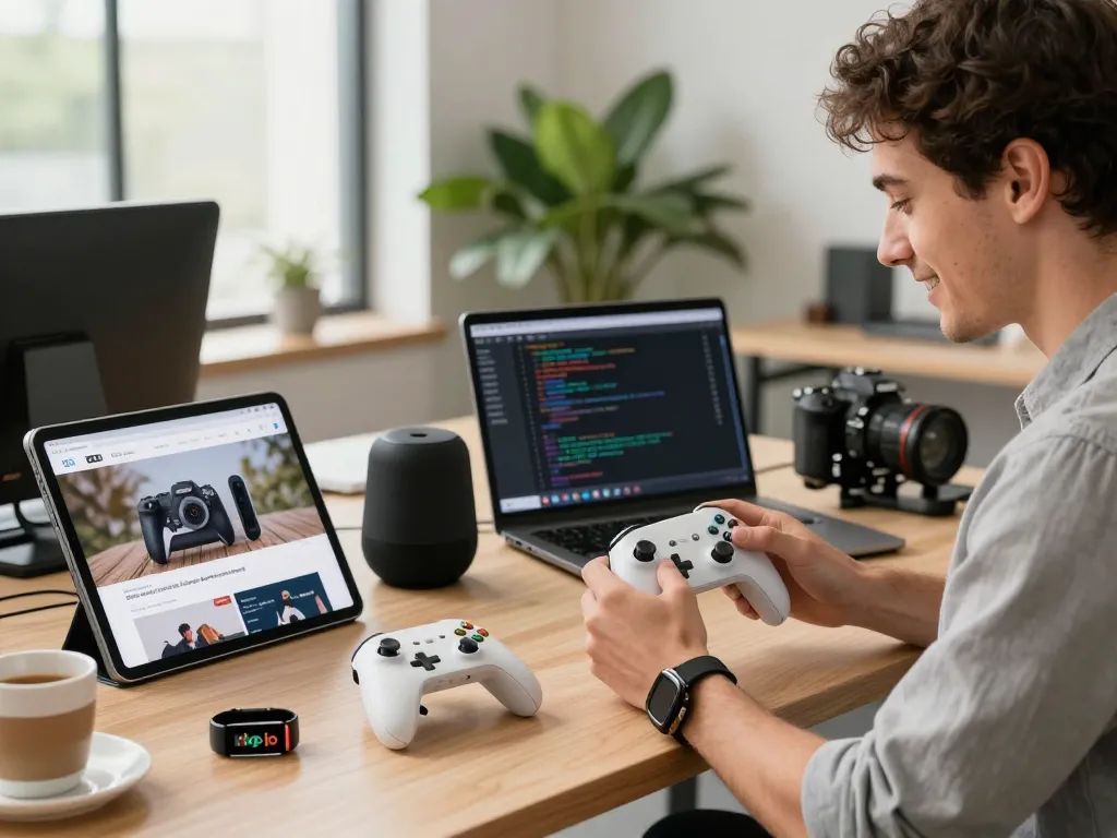 Engaging workspace showcasing top 10 tech gadgets 2096 including Bluetooth devices and tech equipment.