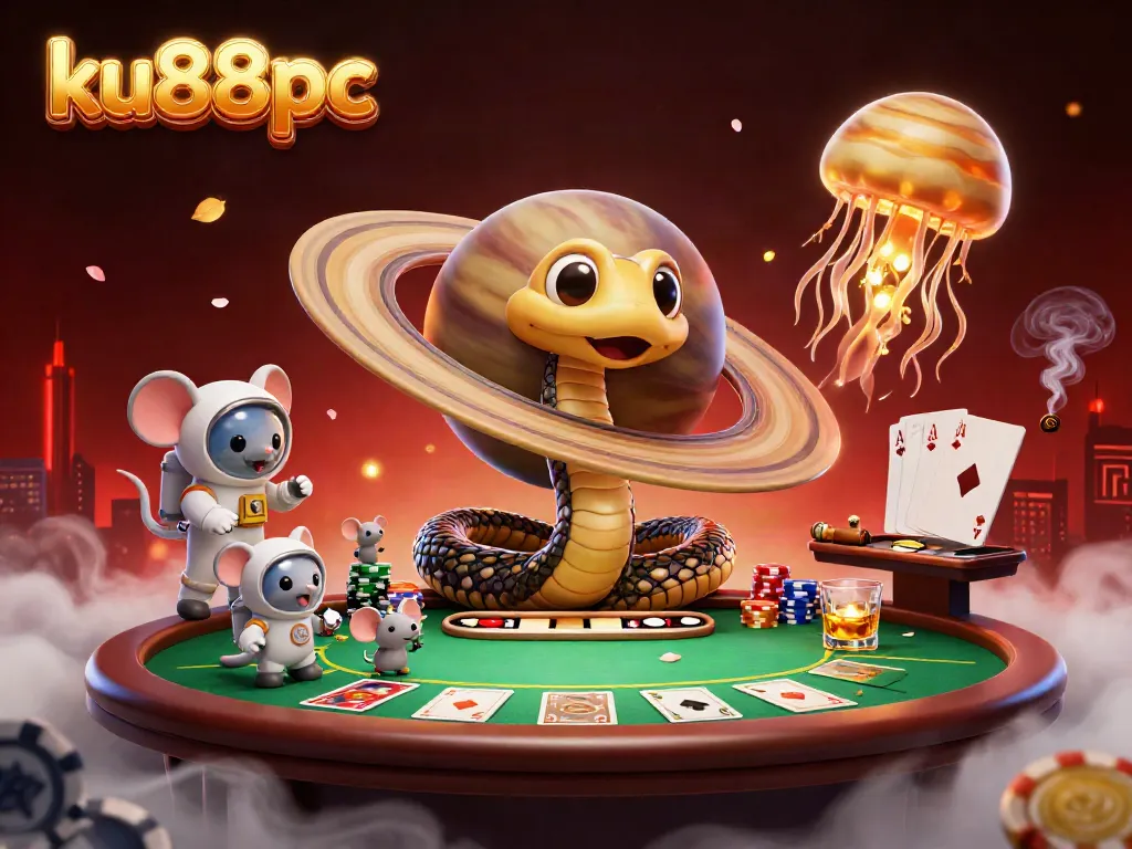 Engage with the cosmic betting scene featuring ku88pc, where astronaut mice gamble around a roulette-inspired Saturn ring.