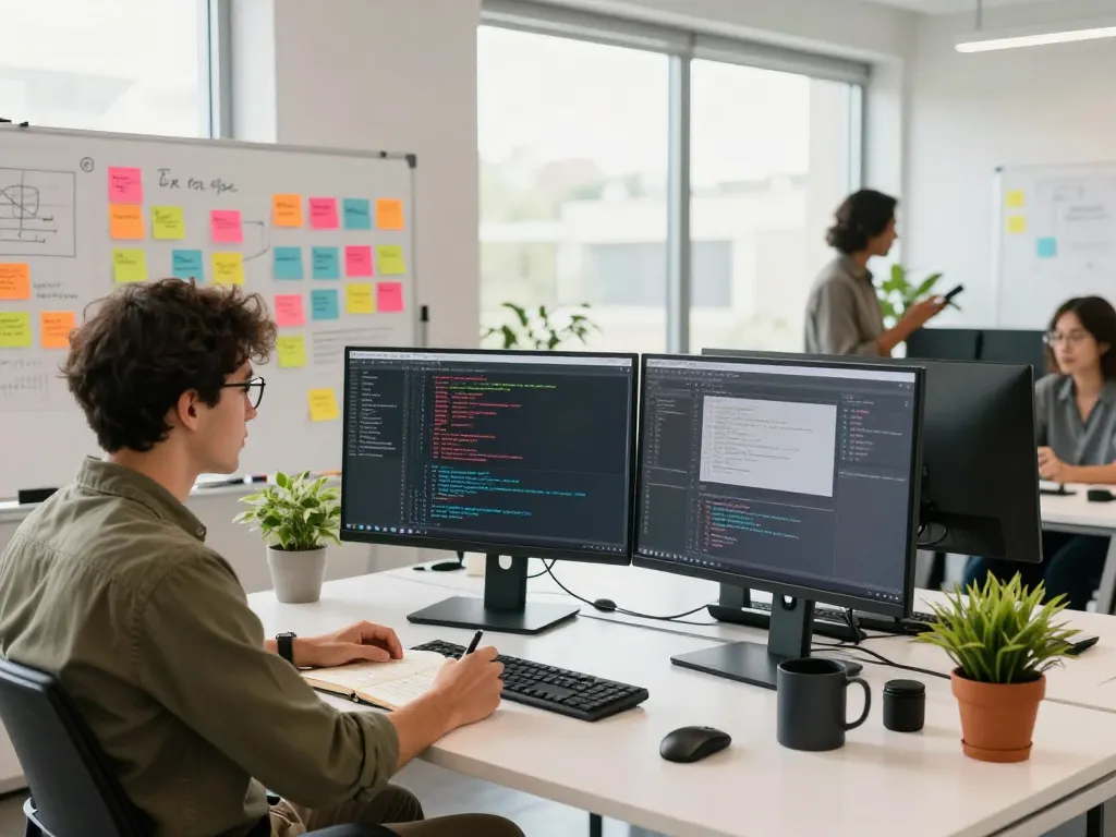 Dynamic tech workspace with a developer coding on dual screens, emphasizing spicy ai innovations.