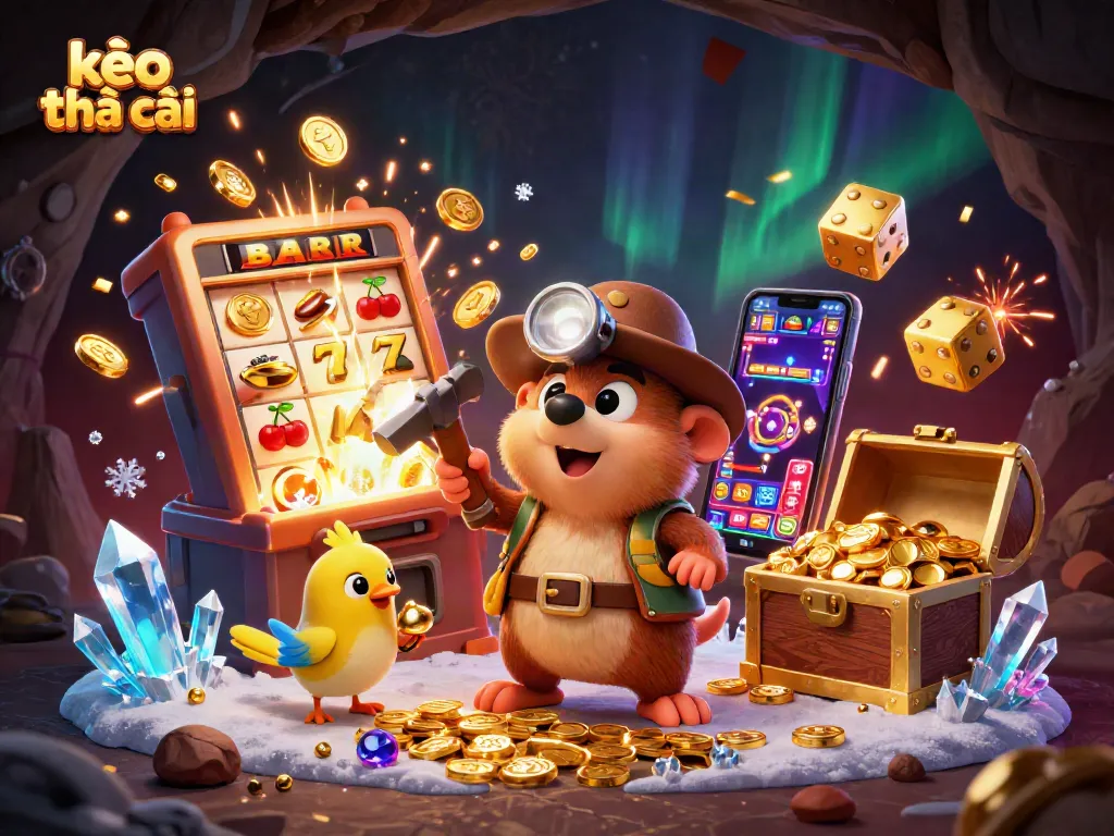 Bet on kèo nhà cái with a treasure hunter mole, slot machine bursts, and golden treasures.