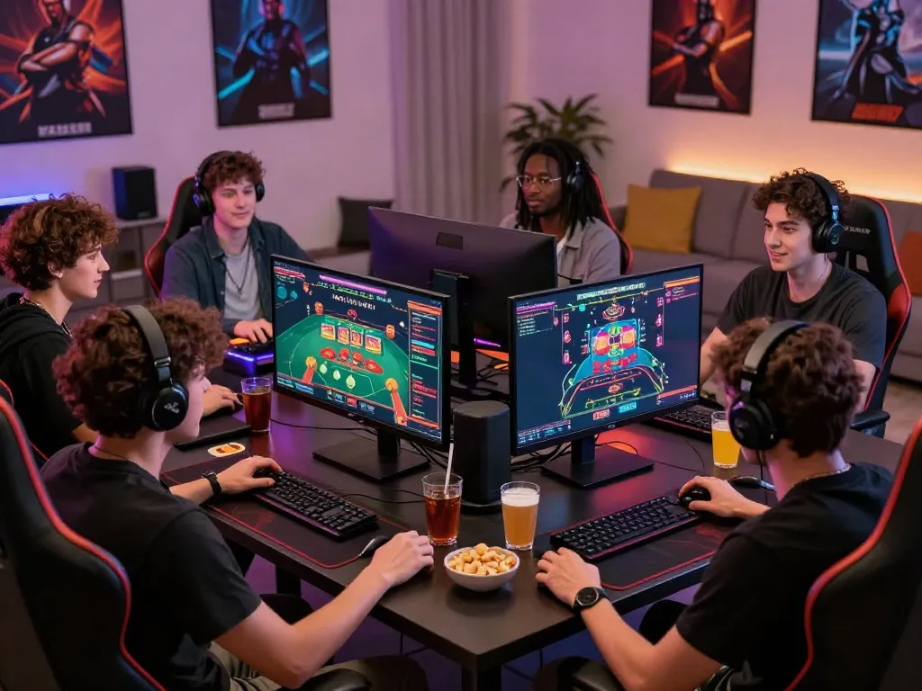 Engaging friends enjoying ta88 online gaming in a vibrant setting with casino interface.