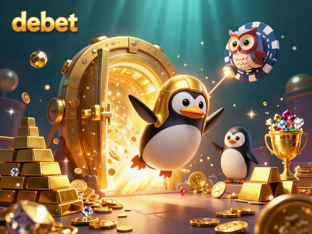 Immerse in debet's world of exciting casino games, featuring a golden penguin and poker chip space station.