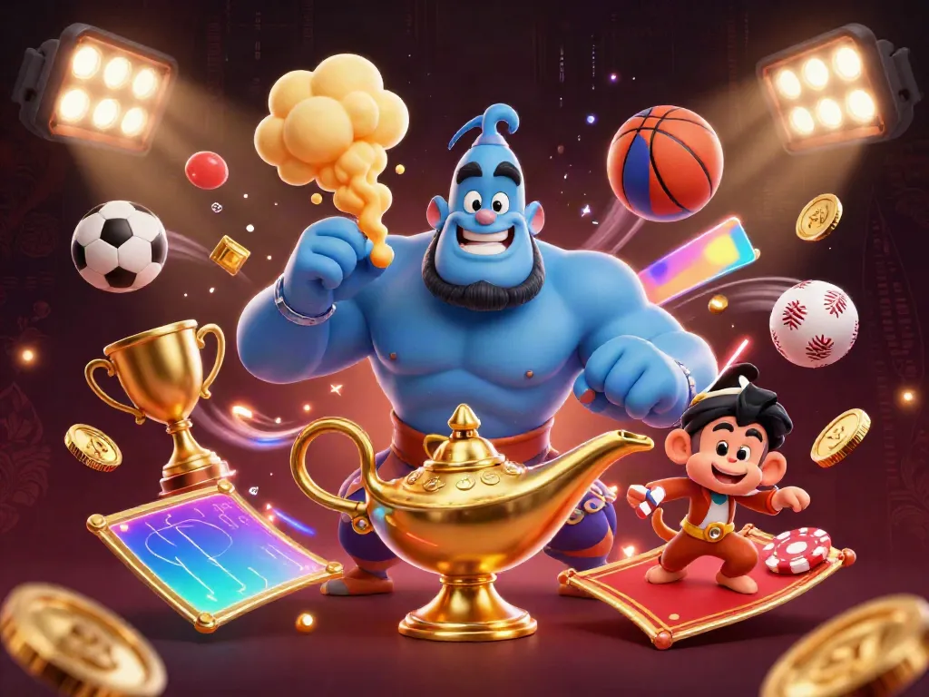 Experience thrilling casino vibes with 123B featuring a fun genie and vibrant sports elements.