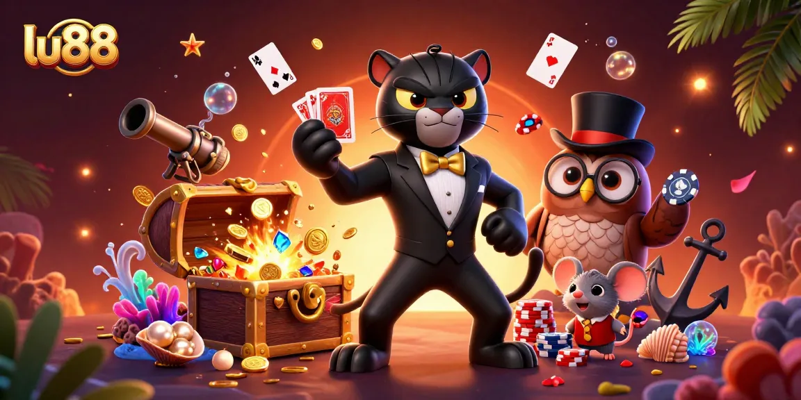 Experience the excitement of lu88 with a stylish panther dealing cards amidst vibrant casino elements.