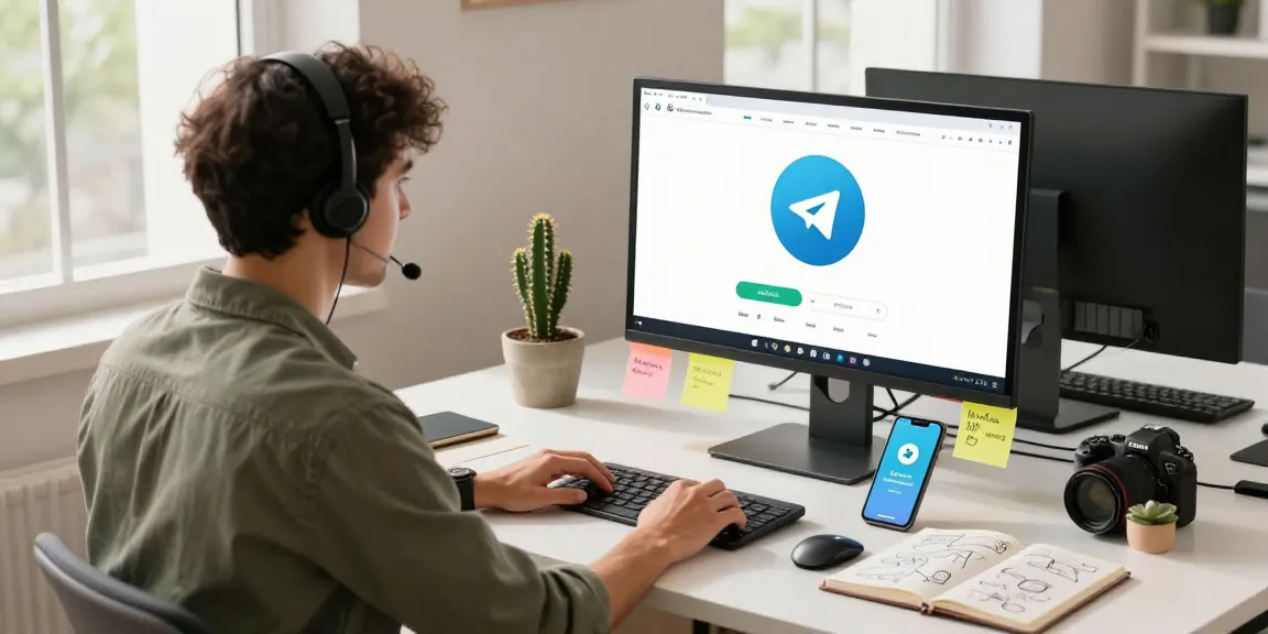 Engaged professional using Telegram web version in a modern office setting, highlighting productivity and collaboration.