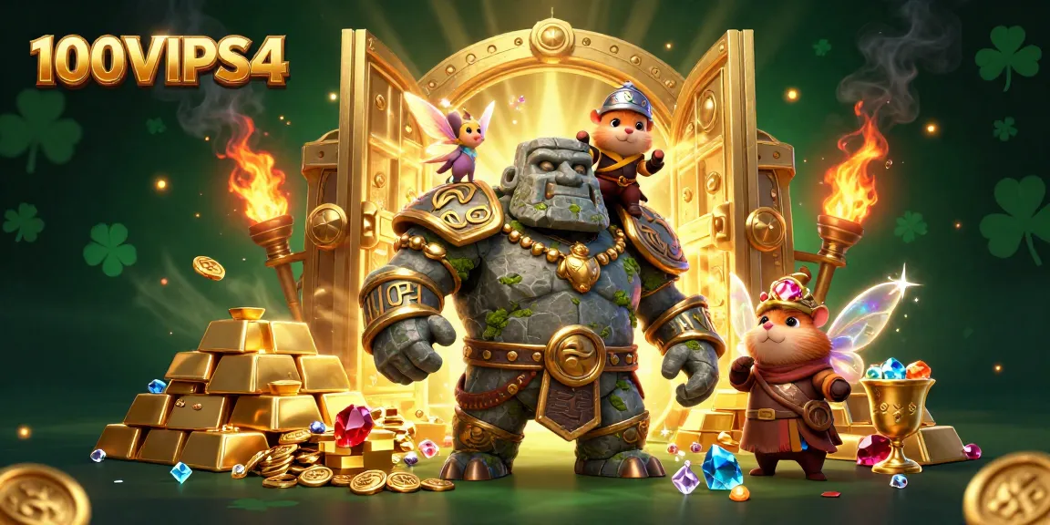 Experience thrilling gaming adventures with 100VIPS4 amidst a treasure-filled fantasy casino atmosphere.