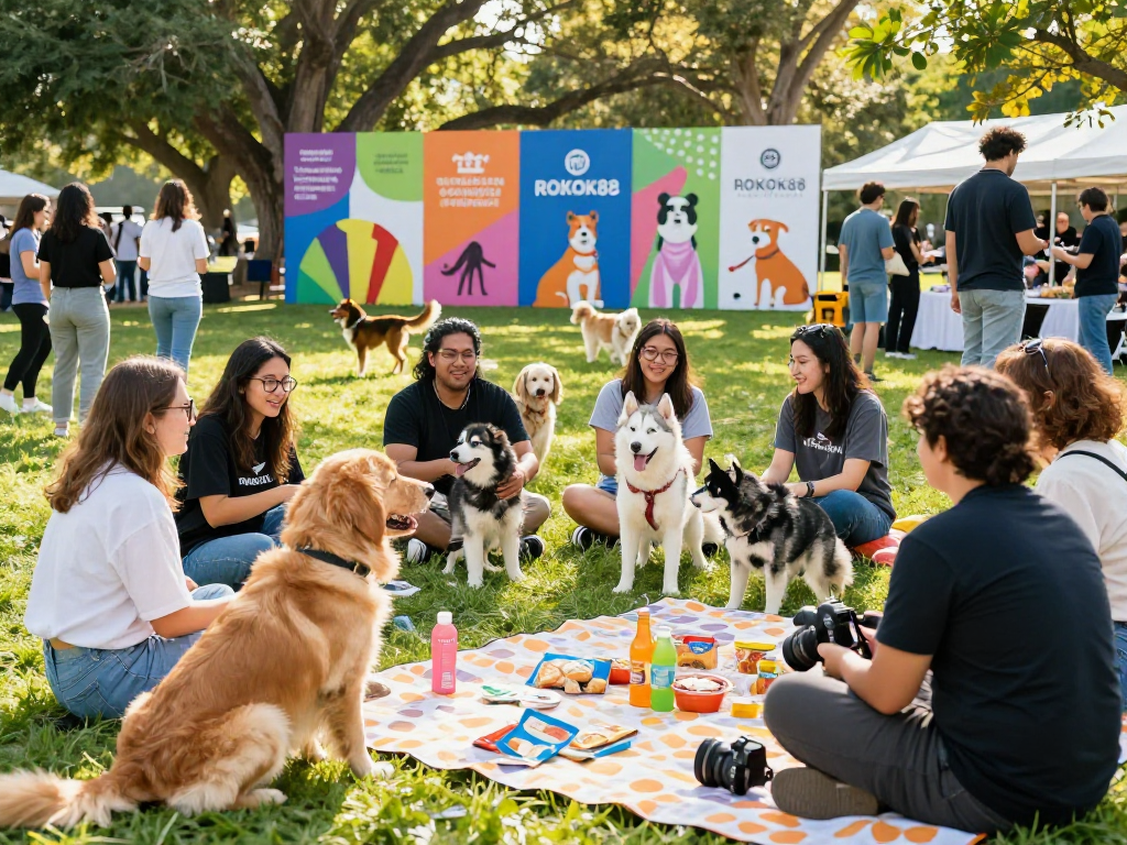 ROKOK88 slot rtp community event with pet lovers enjoying their pets while sharing care tips and stories.