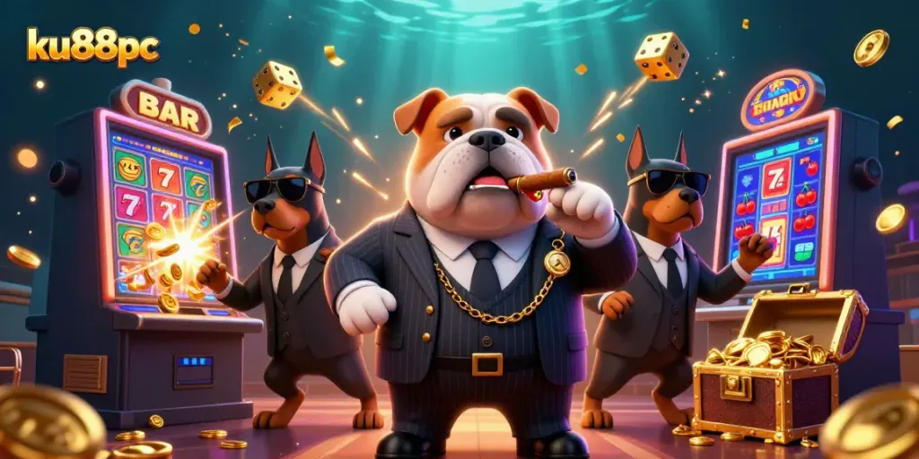 Experience thrilling gambling action with ku88pc's vibrant casino scene featuring a mafia bulldog and dynamic game elements.