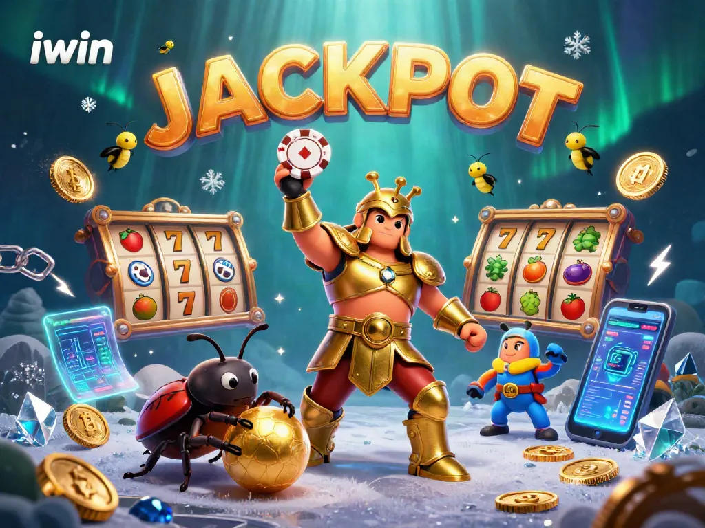 Join the excitement with iwin as a victorious beetle lifts a poker chip amid casino elements.