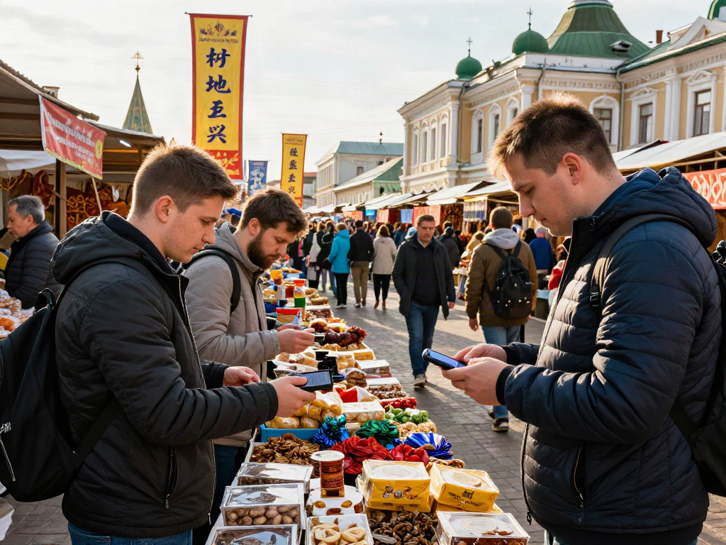 PayinRussia ile Rusya pazarında alışveriş yapan turistler, yerel ürünleri inceliyor.