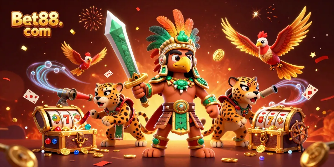 Experience thrilling gaming at Bet88. com with a vibrant 3D illustration featuring lively characters and dynamic casino elements.