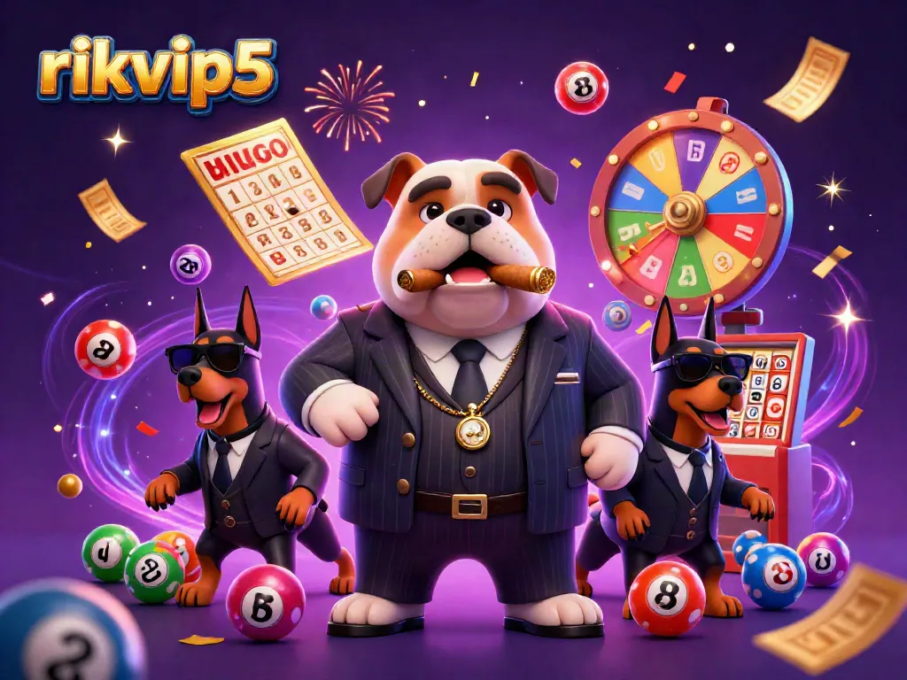 Experience excitement at rikvip5 with vibrant lottery balls, a mafia bulldog, and thrilling game elements.
