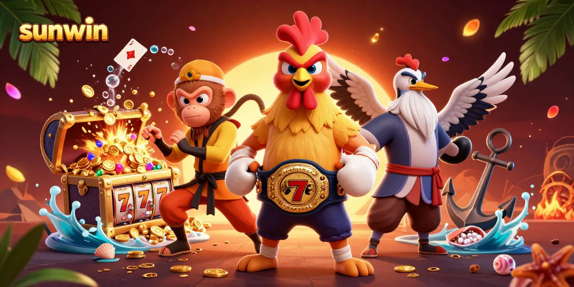 Win big with sunwin! A vibrant 3D illustration featuring iconic casino characters and slot elements.