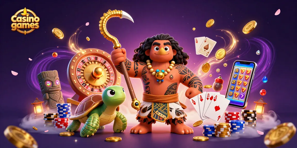 Cascade golden coins and dynamic elements of casino games featuring a Maui demigod and turtle.