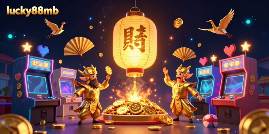 Engage with the vibrant lucky88mb casino scene featuring a glowing lantern spirit, arcade machines, and gold details.