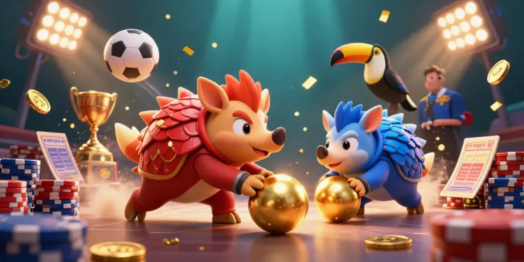Experience the excitement of MU88 with rival pangolins competing amid dynamic casino elements in a visually stunning scene.