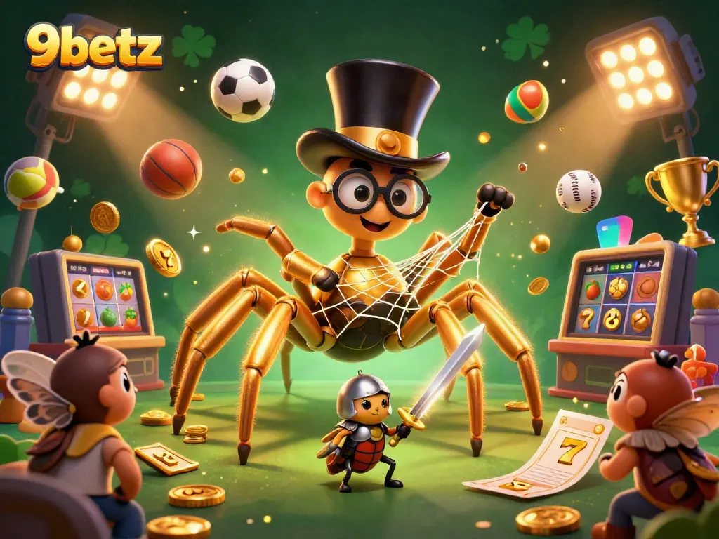 Experience thrilling gaming with 9betz in an engaging casino-inspired 3D illustration featuring a tarantula and knight.