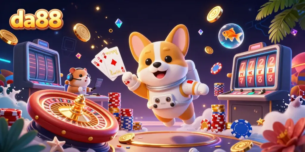 Experience the excitement at DA88 with an astronaut corgi in a floating casino adventure!