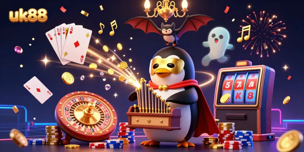 Engage with the thrilling world of uk88 as a 3D cartoon penguin plays organ, showering gold coins in a vibrant casino atmosphere.