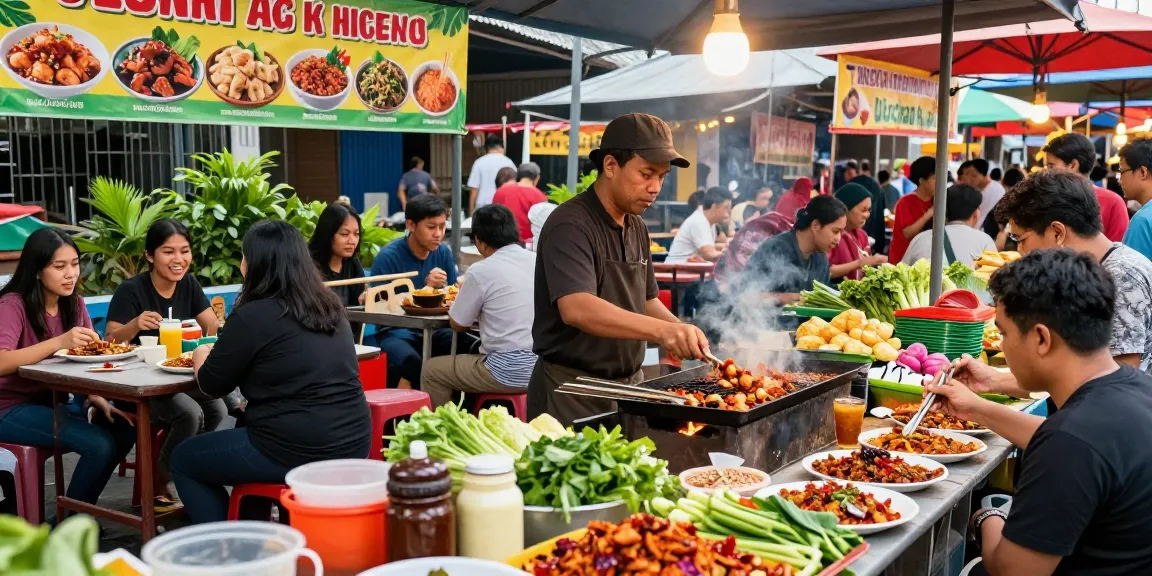 rokok88 street market with chefs grilling Sate Taichan surrounded by fresh ingredients and happy diners.
