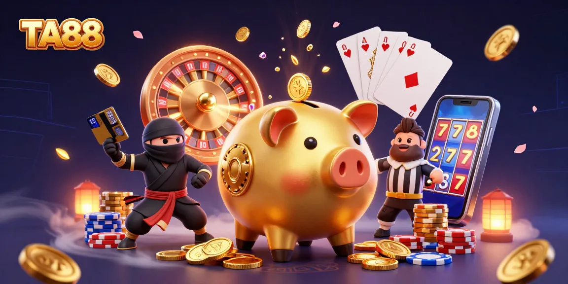 Spin the winning reels with TA88 in this vibrant 3D casino showdown illustration.