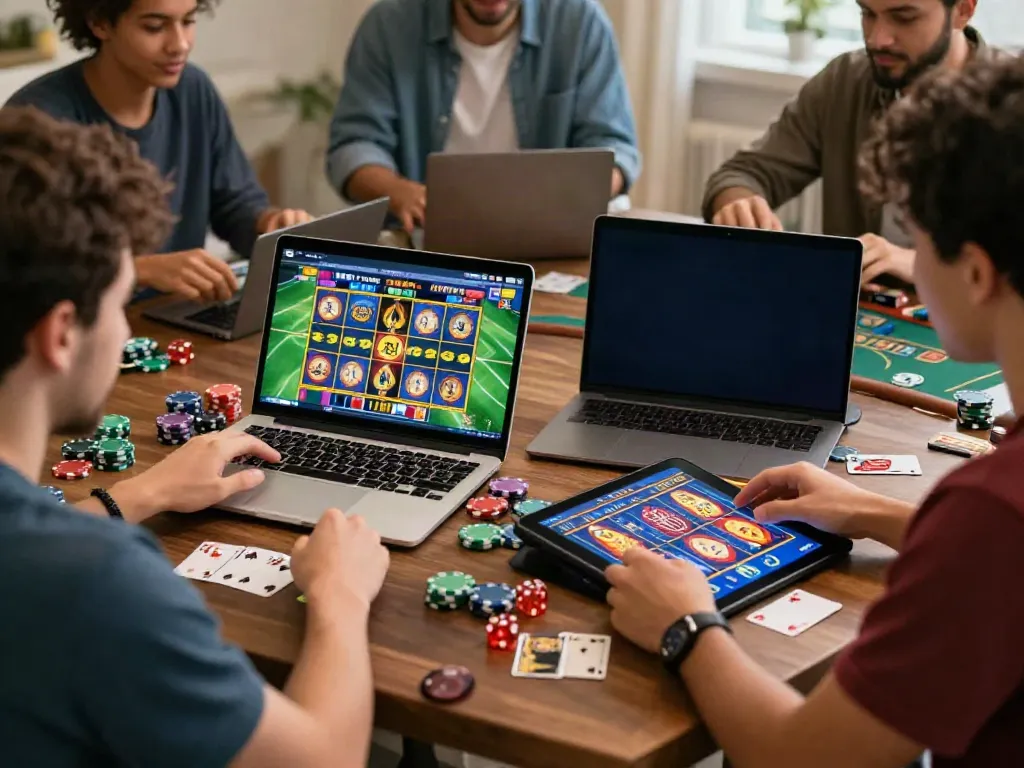 Engaging online gambling scene highlighting players using https://gem88.bz/ at home with vibrant gaming elements.